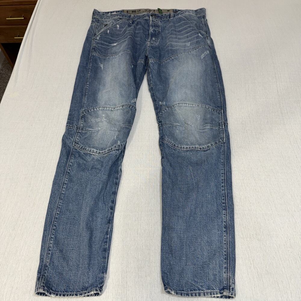 G Star RAW 5620 3D Relax Tapered Blue Denim Jeans 40x36 Double Knee Distressed